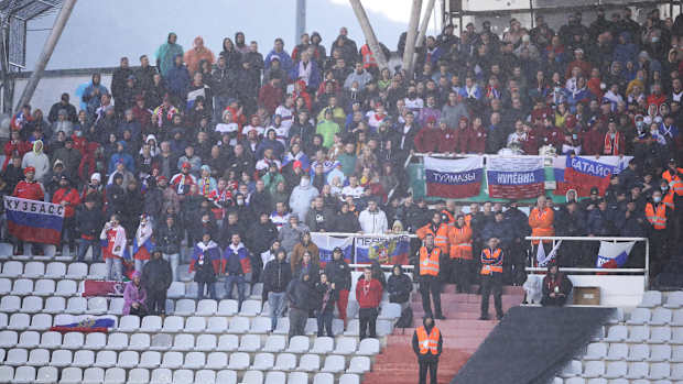 Russian soccer fans pictured in 2021 during their team's 1-0 defeat by Croatia in Split
